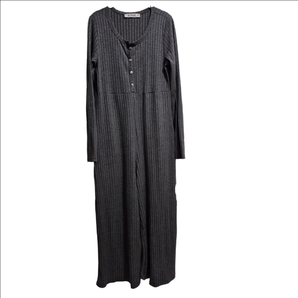 Women's Three Bird Nest Gray Ribbed Long Sleeve Jumpsuit M